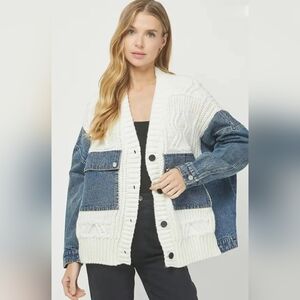 White and Blue Cable-Knit Denim Patch Cardigan Sweater